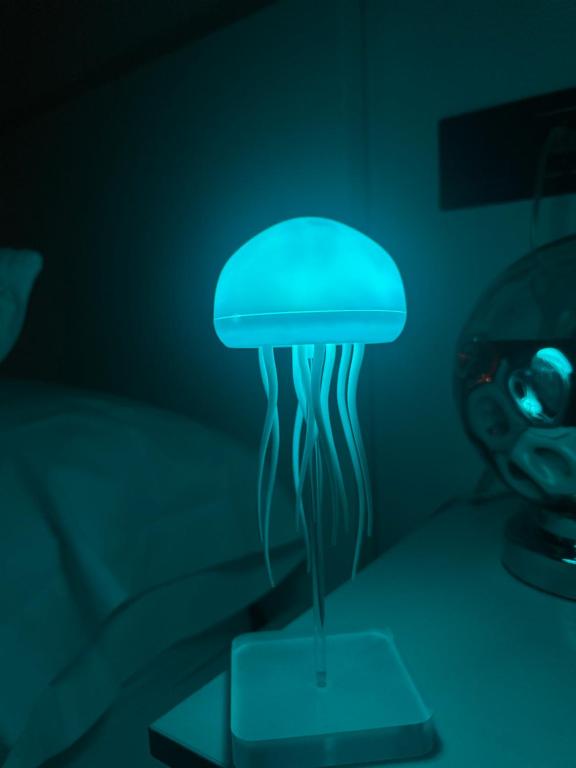 Una lámpara de medusa sobre una mesa en una habitación oscura. en Casa MEDUSA, en San José