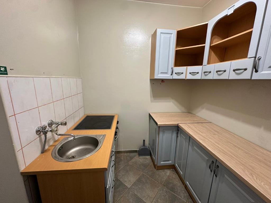 a small kitchen with a sink and a counter at Historic Tow Center Apartment in Bolesławiec