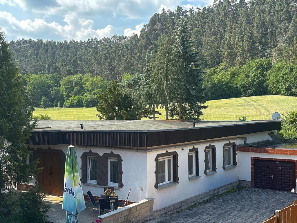 a house with a roof with a table and a umbrella at Zur Teufelsmauer in Vorwerk Helsungen