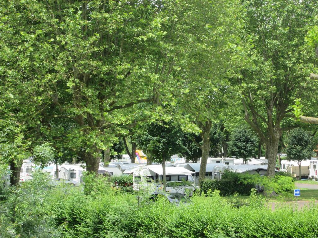 um grupo de trailers estacionados num parque com árvores em Camping Val de Boutonne em Saint-Jean-dʼAngély