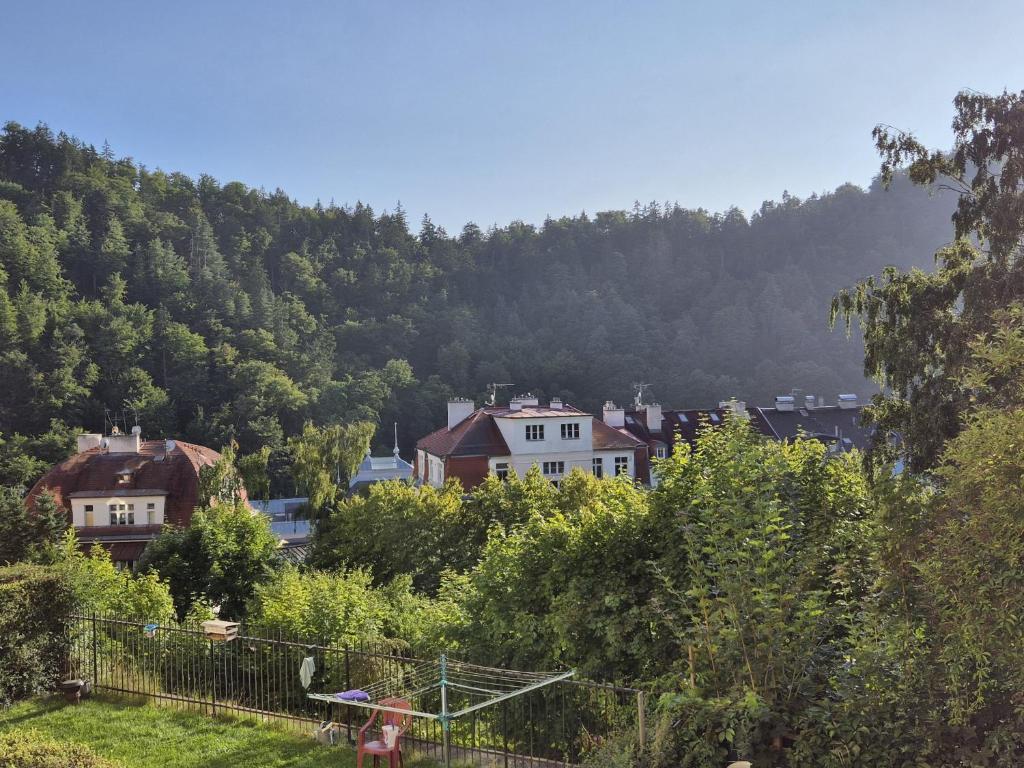 a small town in front of a mountain at Martini apartment in Karlovy Vary