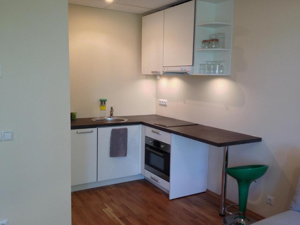 a small kitchen with white cabinets and a sink at Fortuuna 5 Apartment in Tartu