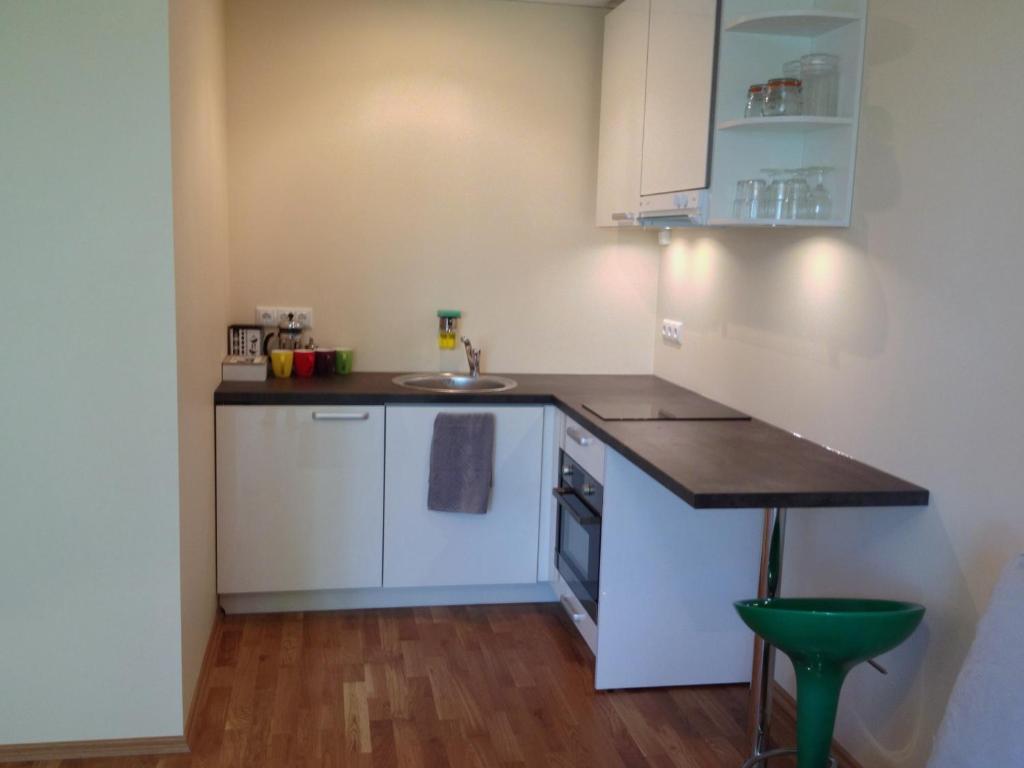 a kitchen with white cabinets and a counter top at Fortuuna 5 Apartment in Tartu