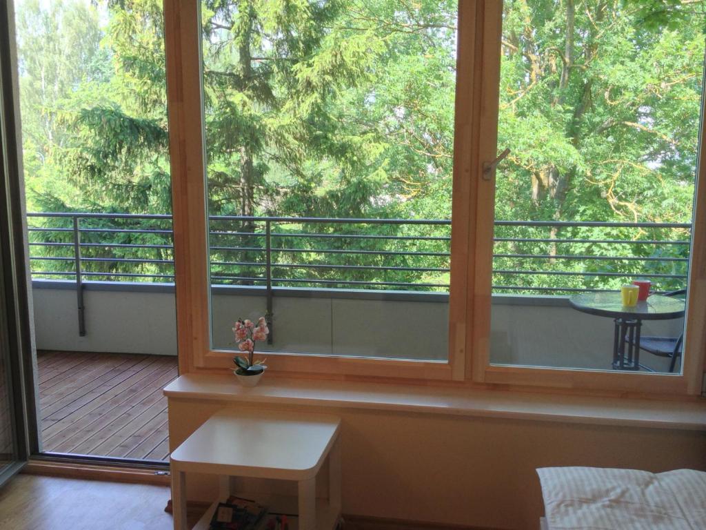a large window with a view of a deck at Fortuuna 5 Apartment in Tartu