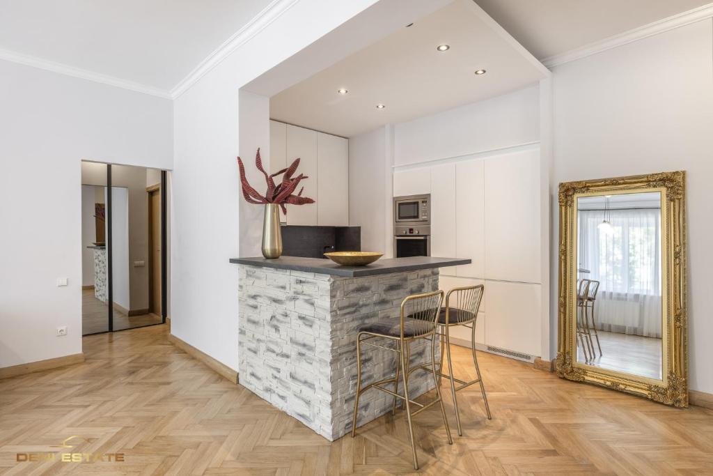 カウナスにあるCentral Kaunas Luxury Apartment with Free Parkingのキッチン(カウンター、鏡付)
