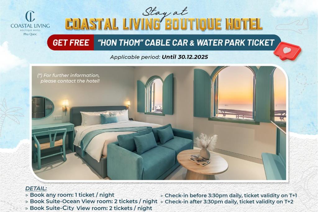 a flyer of a hotel room with a bed and a couch at Coastal Living Hotel Phu Quoc - Free Ticket Cable Car & Hon Thom Water Park in Phu Quoc