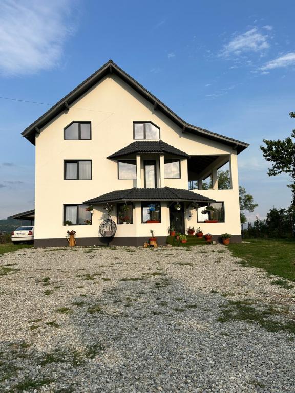 una grande casa bianca con il tetto nero di A&D House a Novaci-Străini