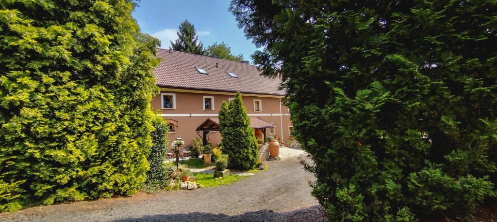 una casa è vista attraverso due grandi alberi di Agroturystyka Ulima a Dziwiszów
