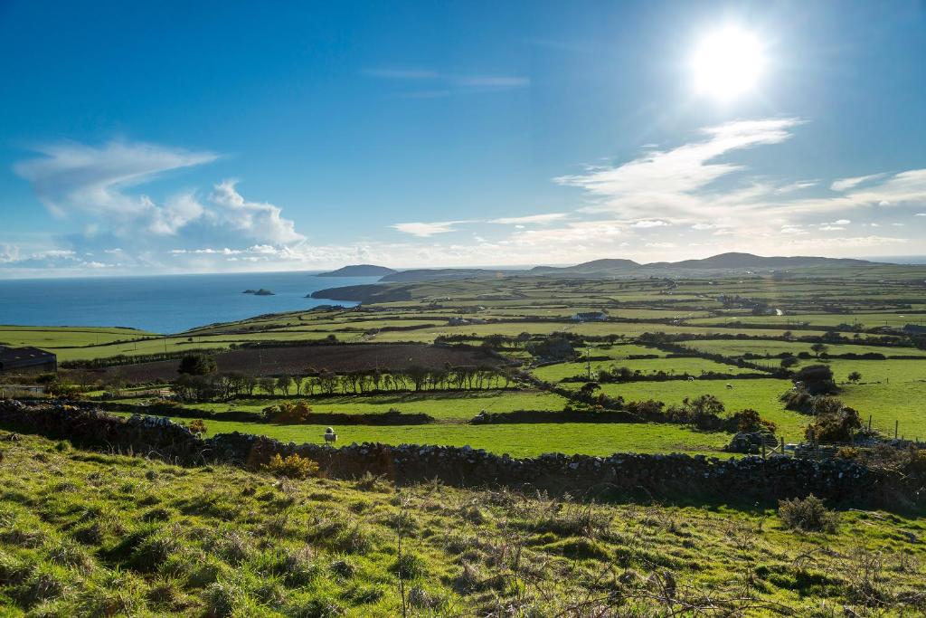 a green field with the ocean in the background at Rhiw 2 Bryn Tirion in Rhiw