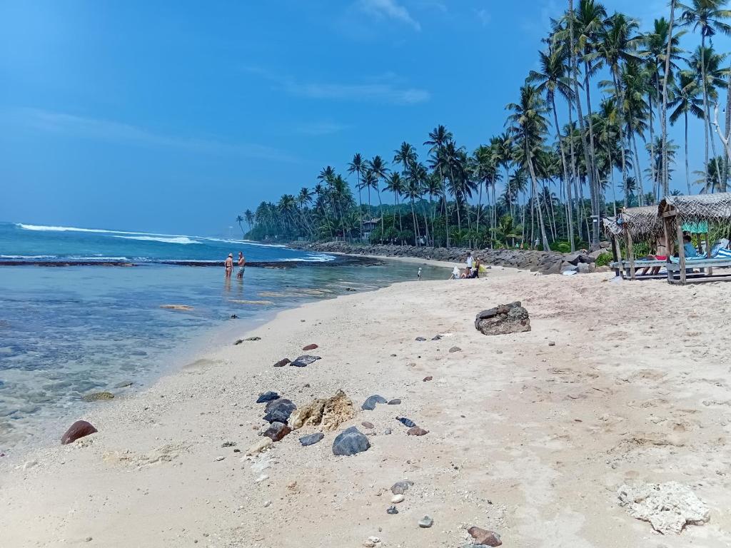 a sandy beach with palm trees and the ocean at Mivin Villa - Madiha in Godakanda