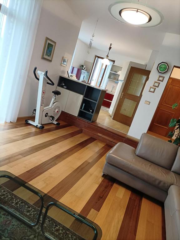 a living room with a couch and a treadmill at Residenza Ariete Vista Paganella in Terlago