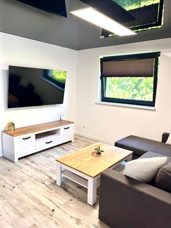 a living room with a couch and a large flat screen tv at Apartament LuLu in Gryfice