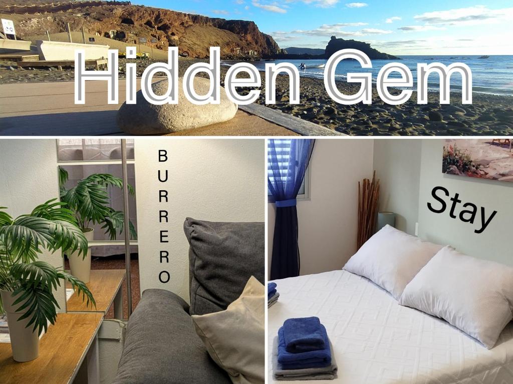 eine Collage aus zwei Bildern eines Zimmers mit einem Bett in der Unterkunft Burero Beach Stay - Quiet in Playa del Burrero