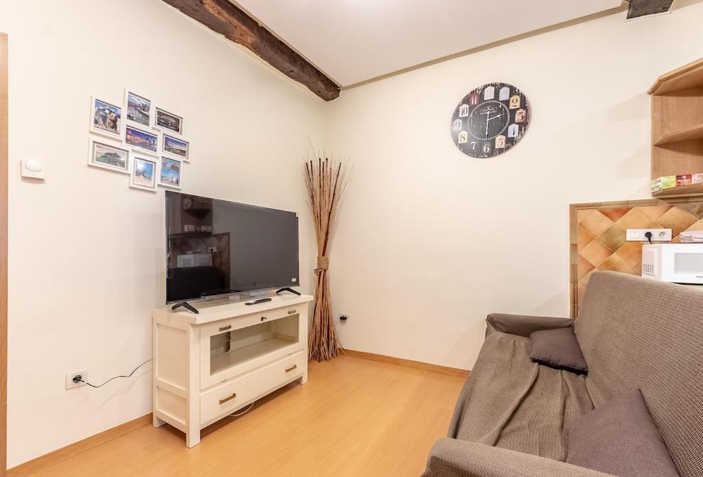 un salon avec une télévision et un canapé dans l'établissement Acogedor apartamento a un paso del Casco Viejo, à Bilbao
