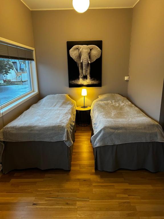 a room with two beds and a picture of an elephant at Studioleilighet i Tromsø in Tromsø