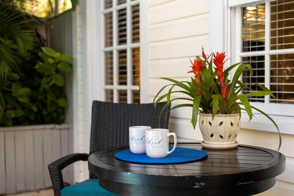キーウェストにあるHAVANA VIEJA at Azul Mansion Key Westの2つのマグカップと鉢植えが置かれたテーブル