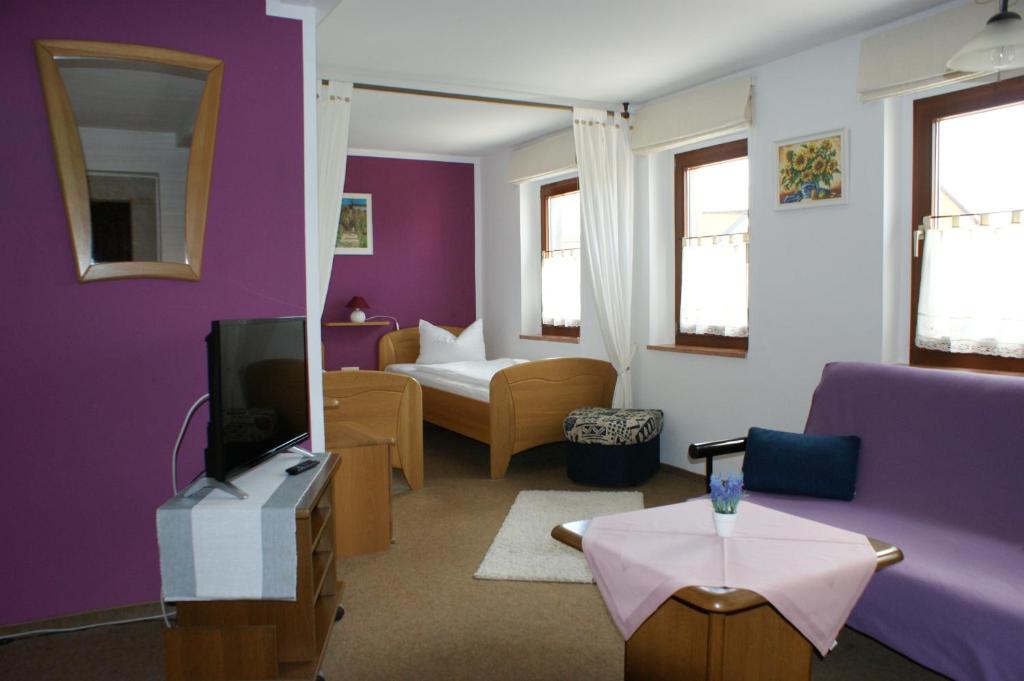 a living room with purple walls and a tv at Pension Goldener Anker in Reinhardtsdorf