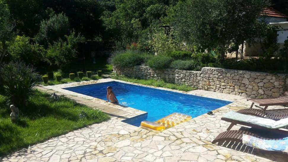un perro sentado en una piscina en un patio en Villa Pool Mansion Salonae en Solin