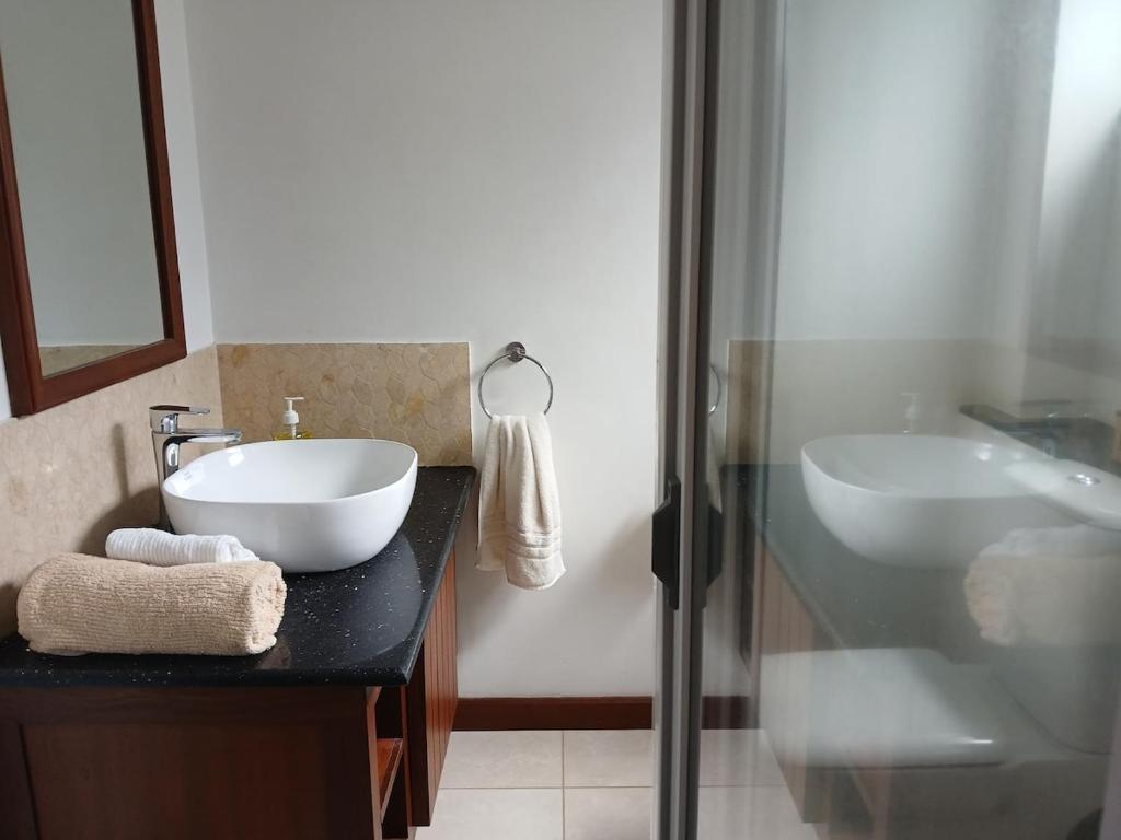 a bathroom with a sink and a glass shower at Royale Green Villa in Anse Royale