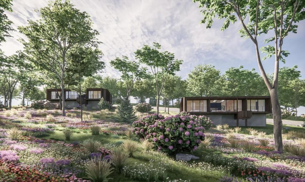 Una representación de un jardín con dos casas. en Será at Sandy Ridge - Brand New Modern WV Retreat, en Wardensville