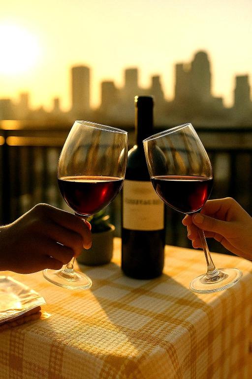 two people holding glasses of red wine on a table at Tiny Penthouse Big Balcony Central & Cozy in Montreal
