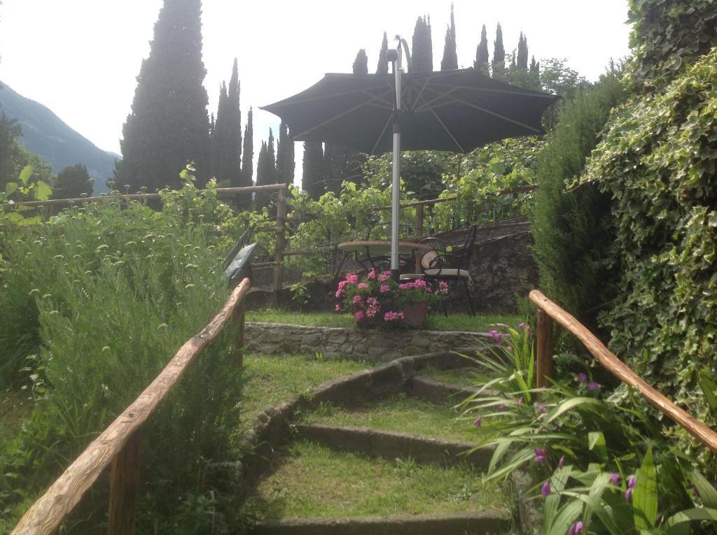 a garden with a bench and an umbrella at B&B By Lussy - Camera Verde in Menaggio