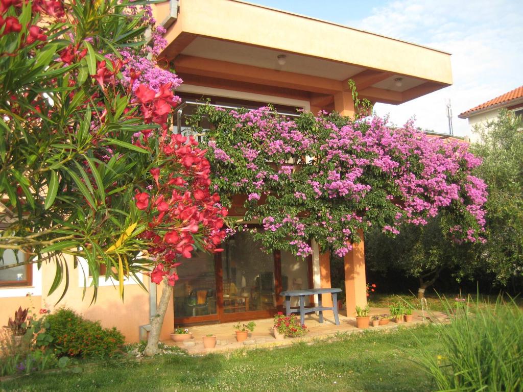 ein Haus mit rosa Blumen davor in der Unterkunft Apartman Lavanda in Kali