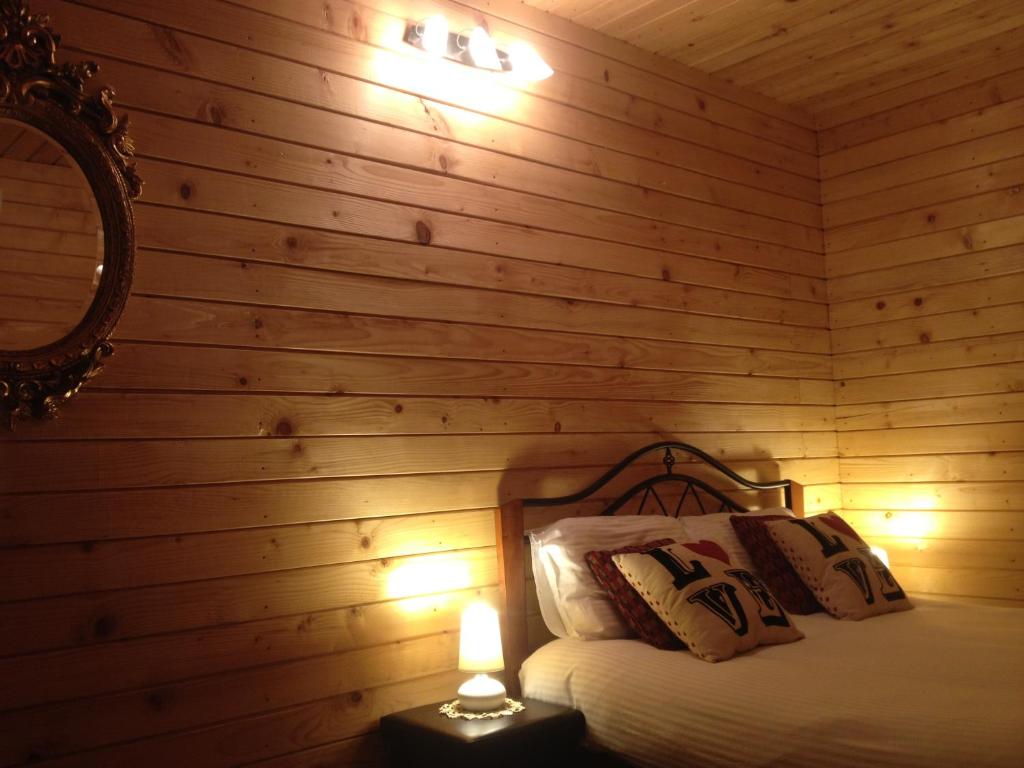 a bedroom with a wooden wall with a bed and a mirror at Pensiunea Carmen in Bucium