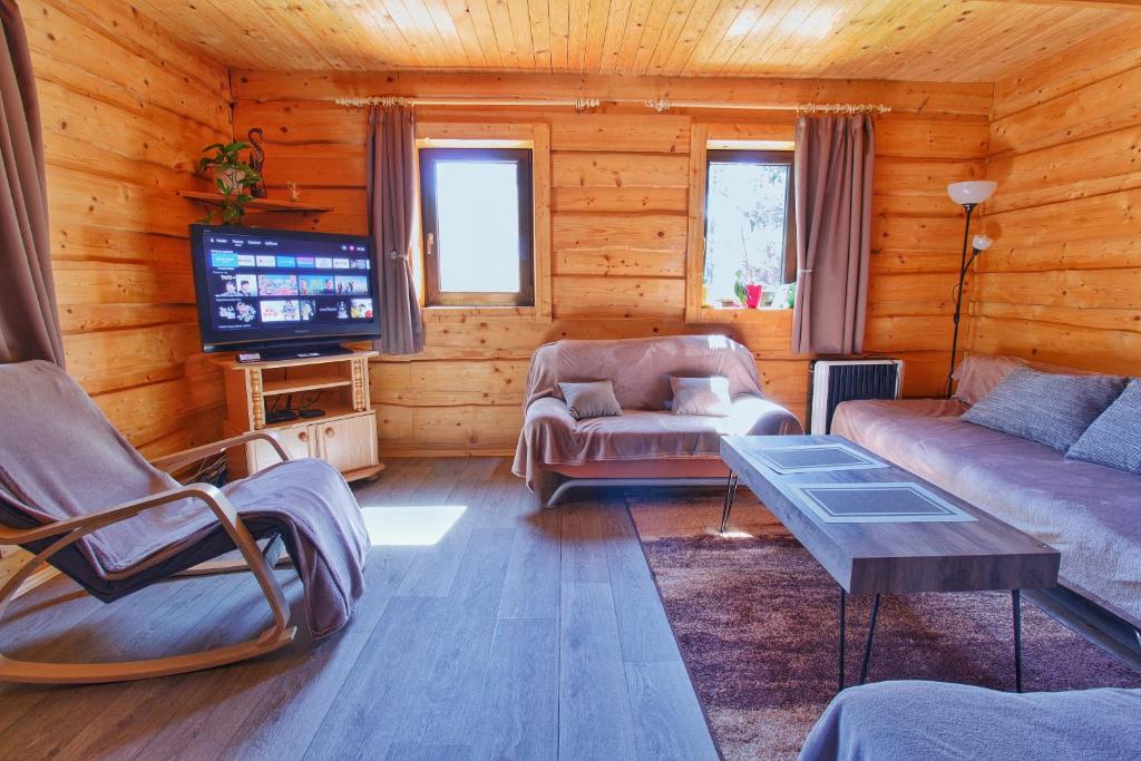 a living room with a couch and a tv at Chata pri Kaštieli Longevity Nature Retreat in Necpaly