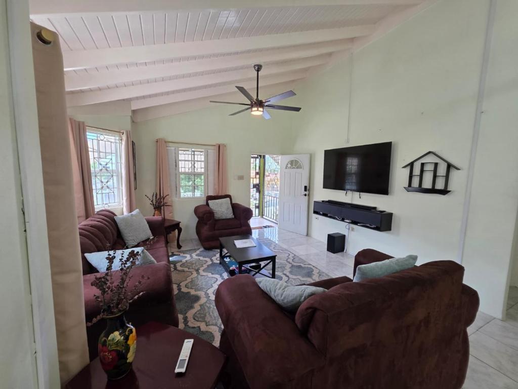 a living room with couches and a flat screen tv at Tropical Blessings - Ocho Rios in St Mary