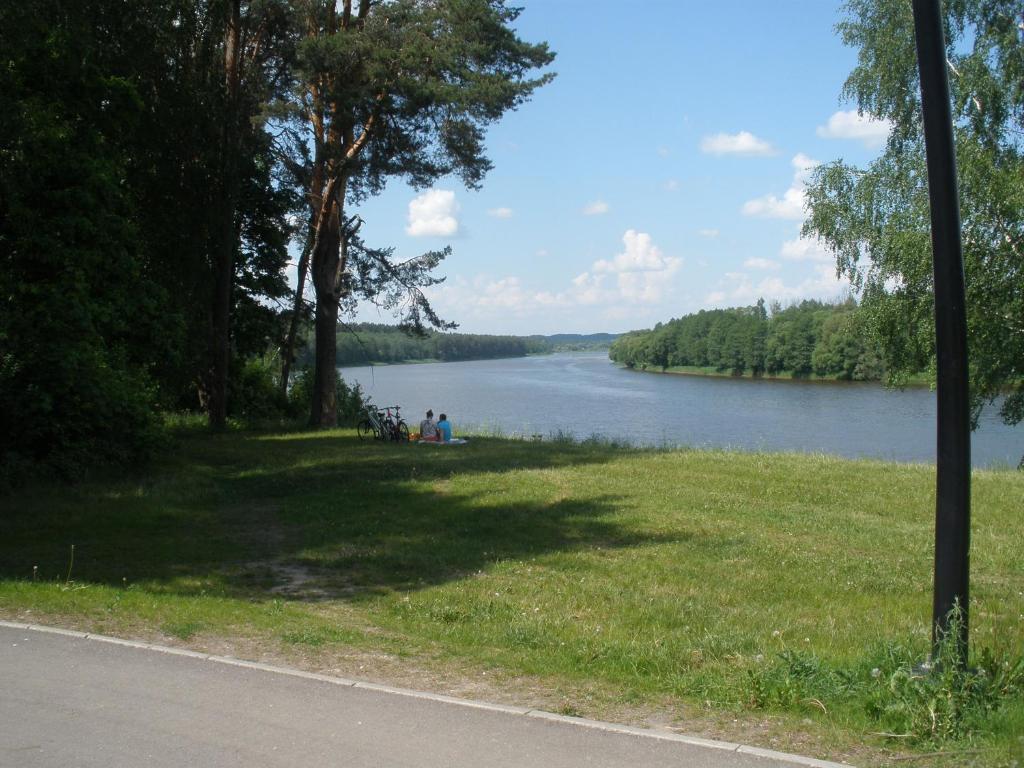 a view of a river with people sitting on the grass at Butas Druskupio in Birštonas