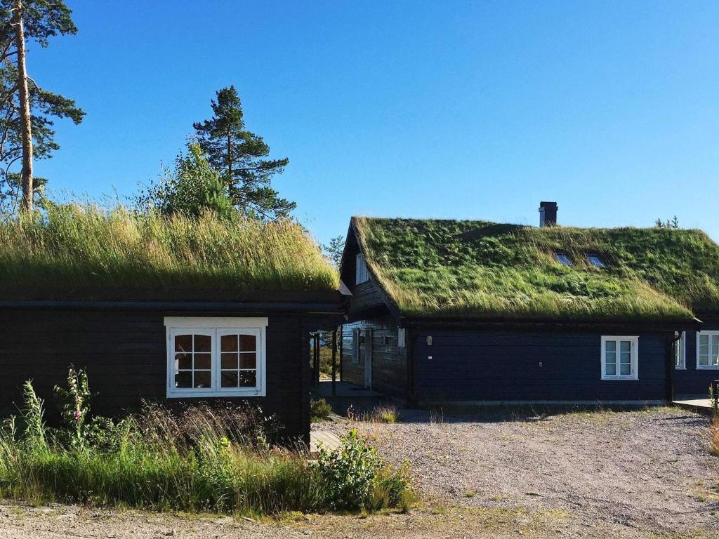 a black house with a grass roof with a window at 15 person holiday home in Treungen in Treungen