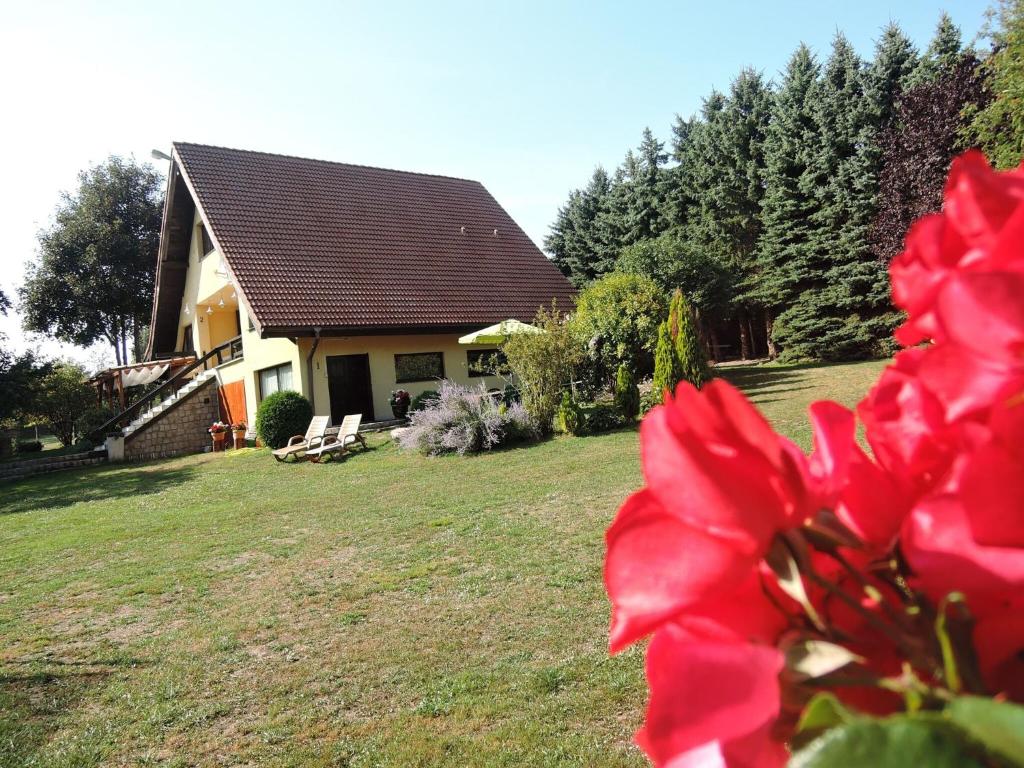 a house with a red flower in front of it at Holiday appartment, Sulomino 100 qm, 2 rooms, 4 persons, type C in Sułomino