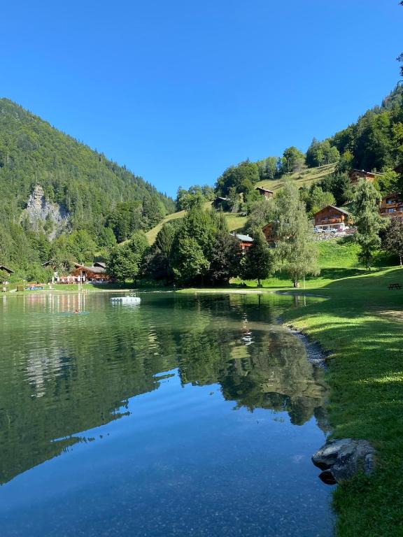 a view of a lake with mountains in the background at L'Ecrin des Myrtilles - Appartement cosy - Piscine et vue montagne - Alpes - Val d'Arly - Aravis et Beaufortain in Flumet