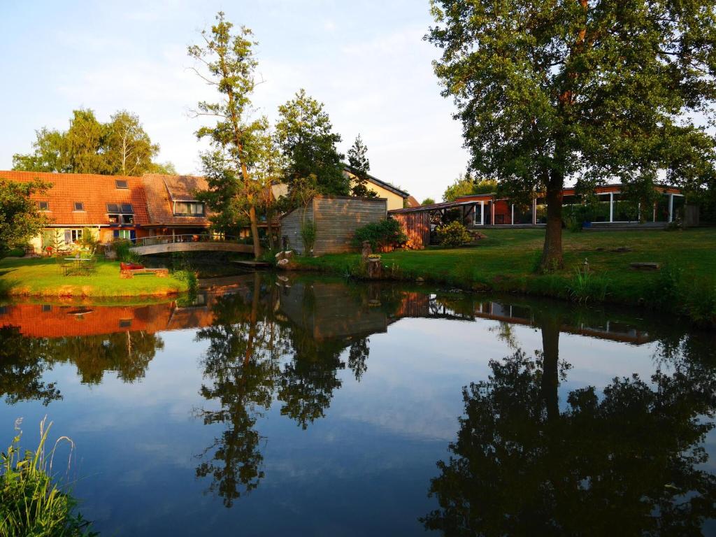 a view of a river with trees and a building at Holiday flat on small holiday farm with indoor pool many activities,Kindwiller in Pfaffenhoffen