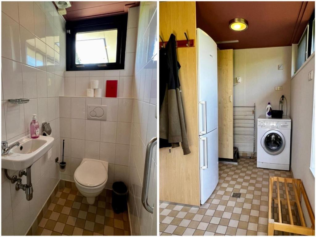 a bathroom with a toilet sink and a washing machine at Holiday home for 6 in Sint Maartenszee in Sint Maartenszee
