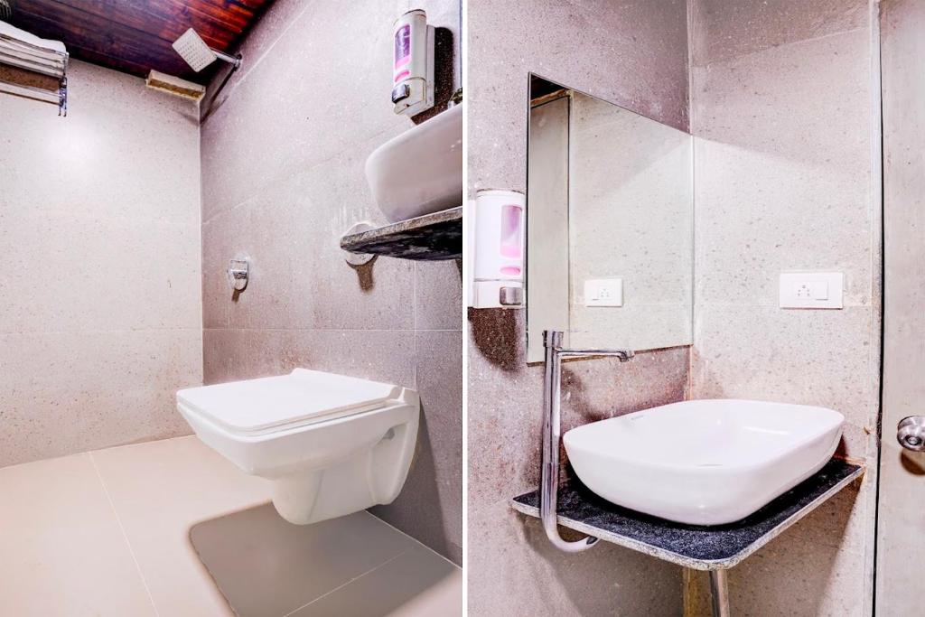 two pictures of a bathroom with a toilet and a sink at Hotel Relax Residency in Mumbai