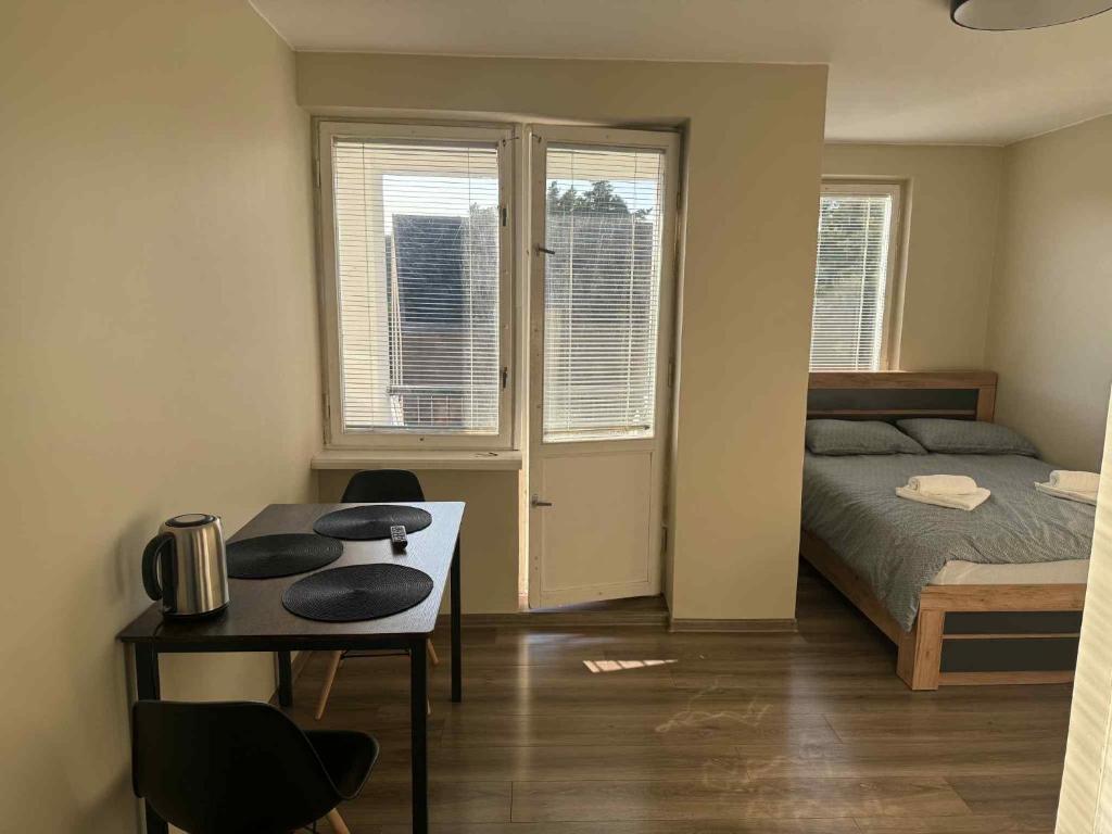une chambre avec un lit, une table et des chaises dans l'établissement Apartments Mėguvos, à Palanga