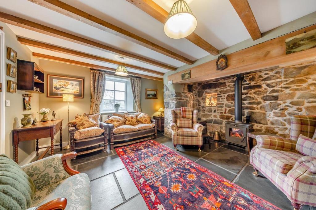 a living room with a stone wall at Bron LLety Ifan in Arthog