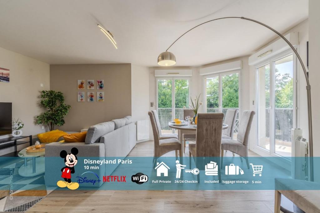 a living room with a table and a dining room at Le Bora, 6 pers, 10 min Disneyland Paris in Montévrain
