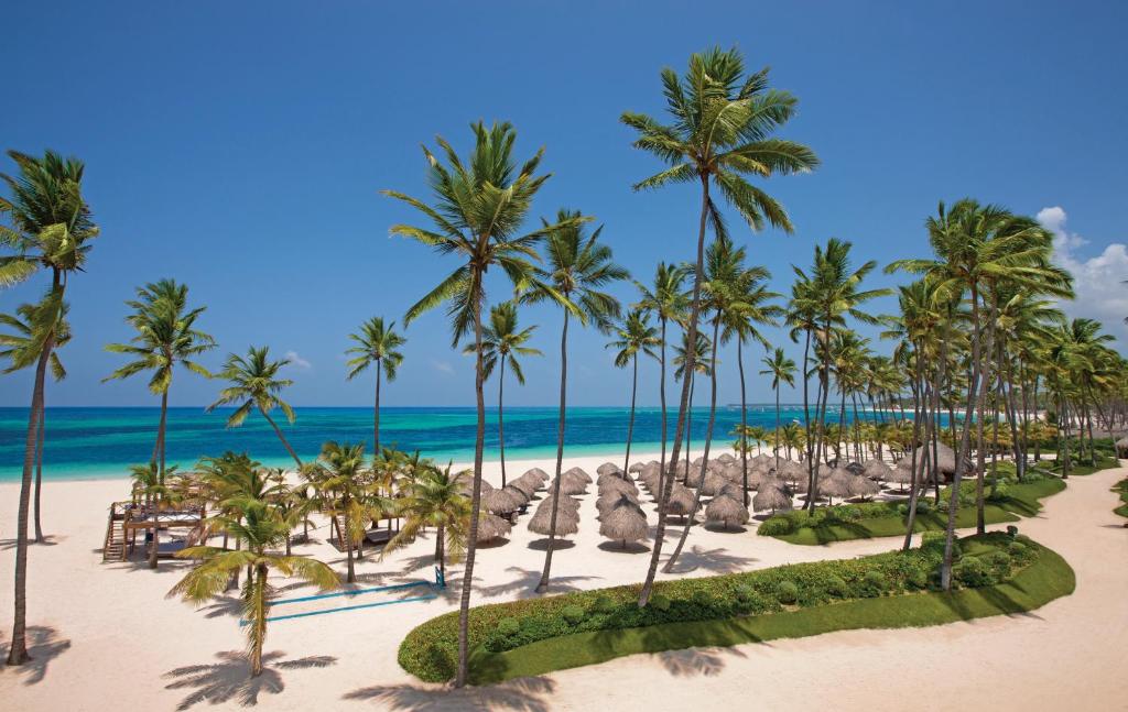 Beach with palm trees, thatched umbrellas, white sand, turquoise ocean, and manicured landscaping.
