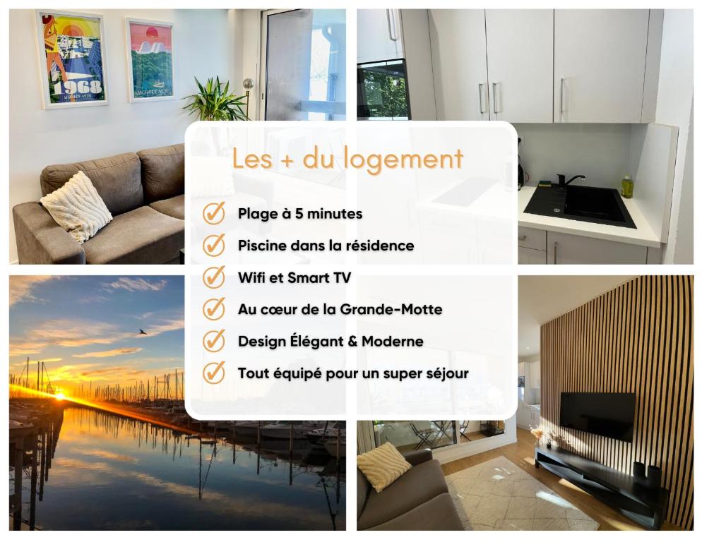 eine Collage aus Bildern einer Küche und eines Wohnzimmers in der Unterkunft Centre-Ville, 5 min de la Plage, parking, piscine in La Grande-Motte