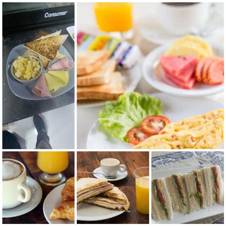 a collage of pictures of breakfast foods and drinks at El chalet del parana in Encarnación
