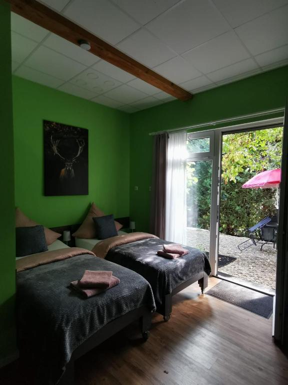 a bedroom with two beds and a green wall at Stern in Hückelhoven