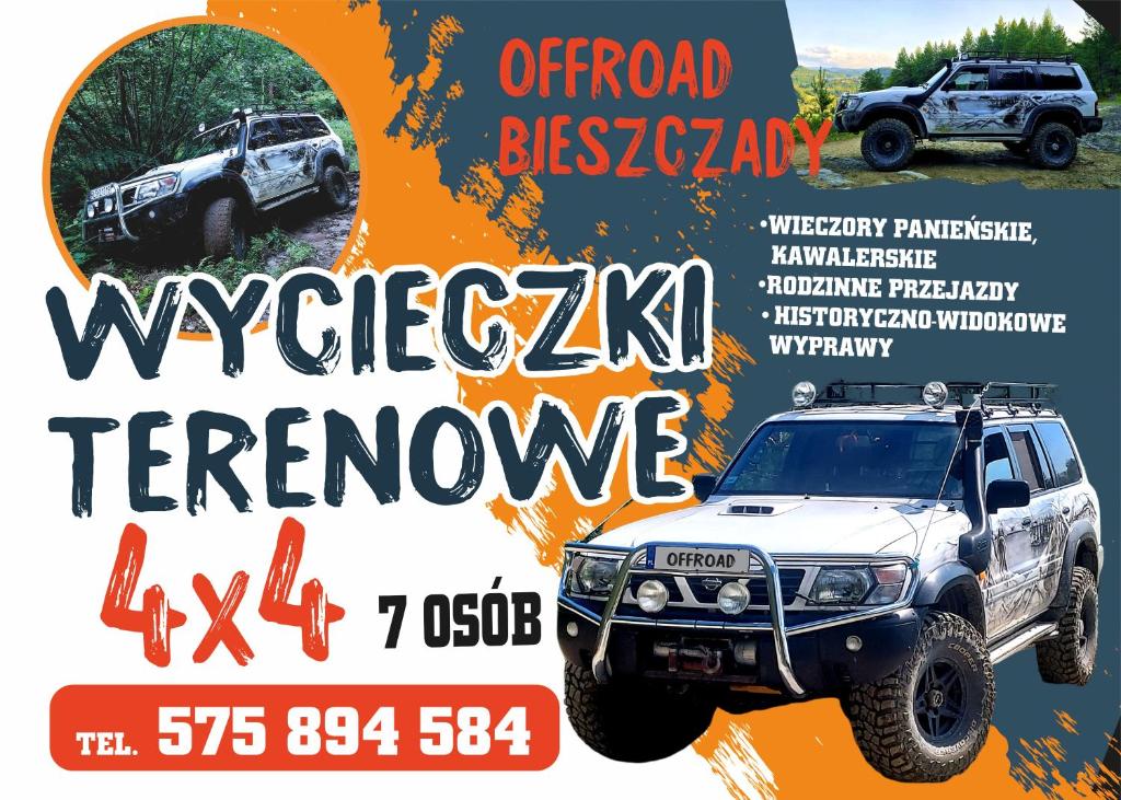 une publicité pour un concessionnaire de jeep tout-terrain dans l'établissement Bieszczadzki Krakowiak 575-894-584 lub 535-595-732, à Polańczyk