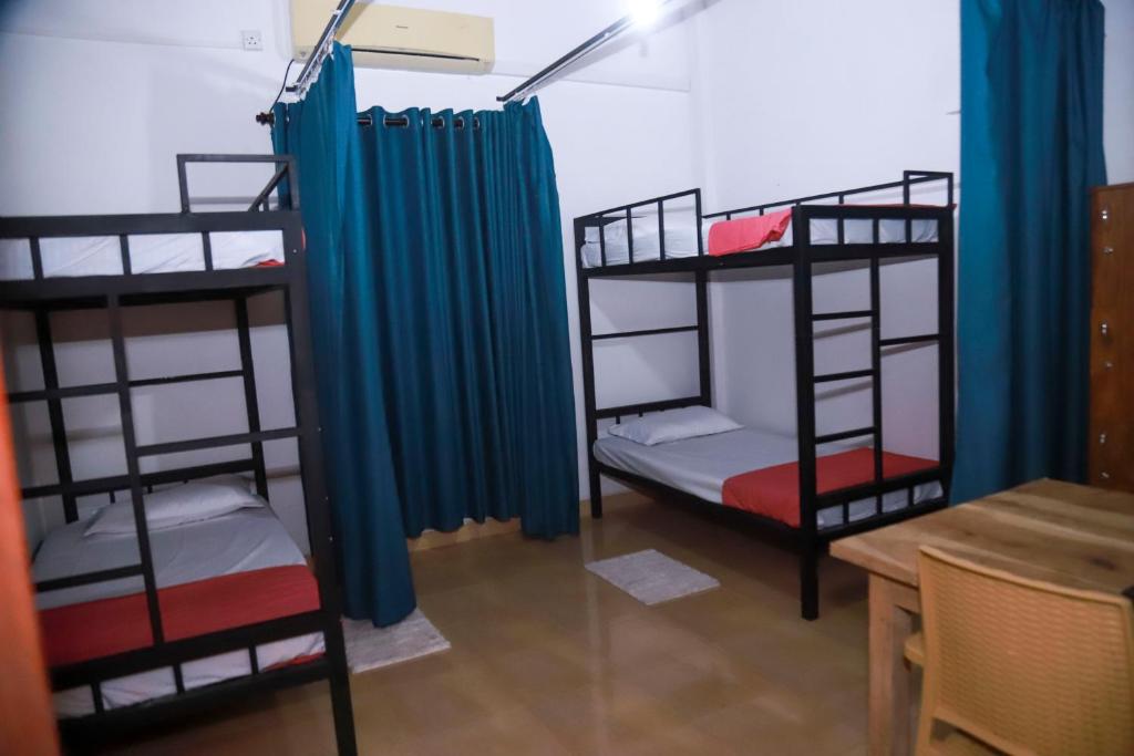 a room with three bunk beds and a table at Stellar Bunks in Peradeniya