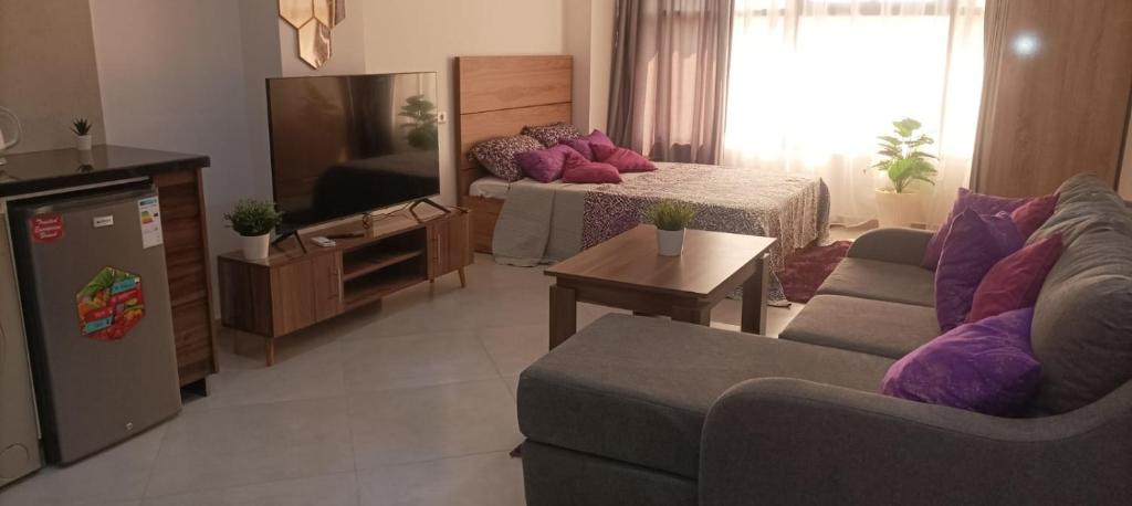 a living room with a couch and a television at Modern Studio in Kenitra Center Netflix & IPTV in Kenitra