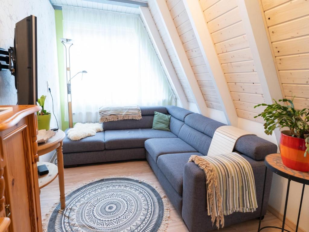 a living room with a blue couch in front of a window at Holiday home in Bestwig with private garden in Bestwig