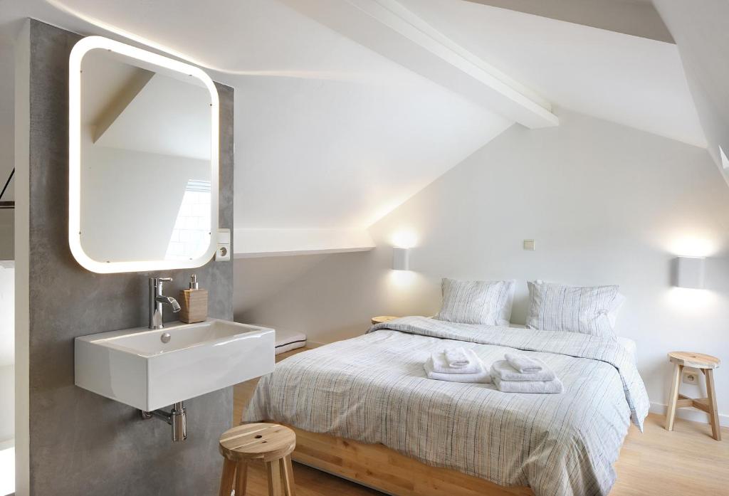 - une chambre avec un lit, un lavabo et un miroir dans l'établissement Centreflat A26, à Gand