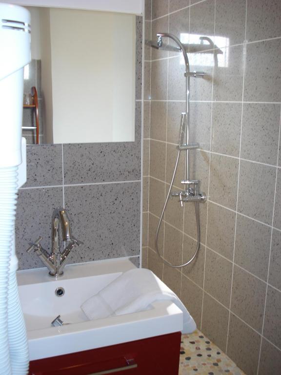 a bathroom with a sink and a shower at La Tour Des Lys in Maubeuge